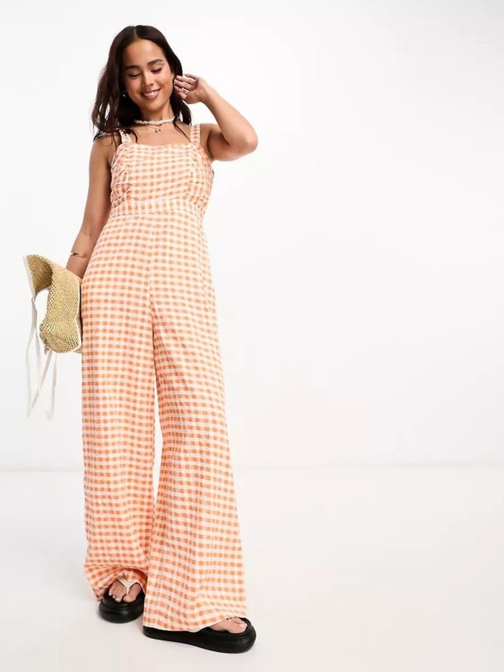 100% cotton Peach Gingham Wide-Leg Jumpsuit